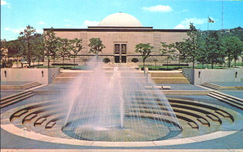 Photo from postcard sold at Buhl Planetarium in the 1970s, showing Buhl Planetariium fronted by the Allegheny Square Fountain